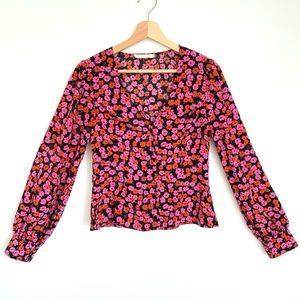 Lush Pink/Red Foral Long Sleeve Button VNeck Top/Blouse Women’s Small